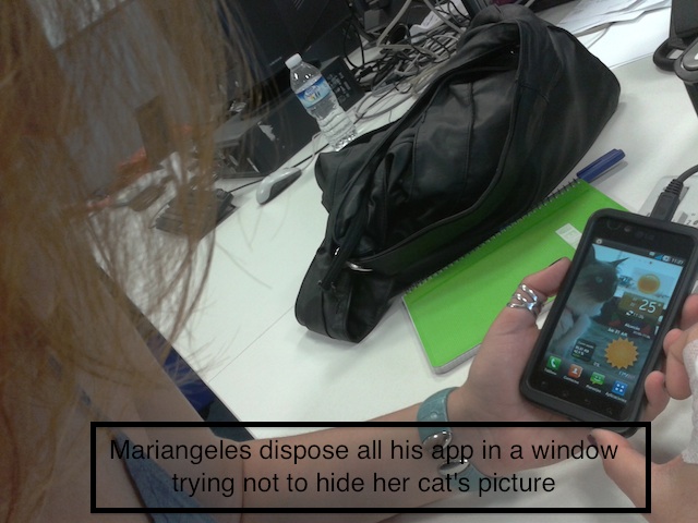 User 1 looking at his mobile device: Mariangeles dispose all his app in a window traying not to hide her cat's picture