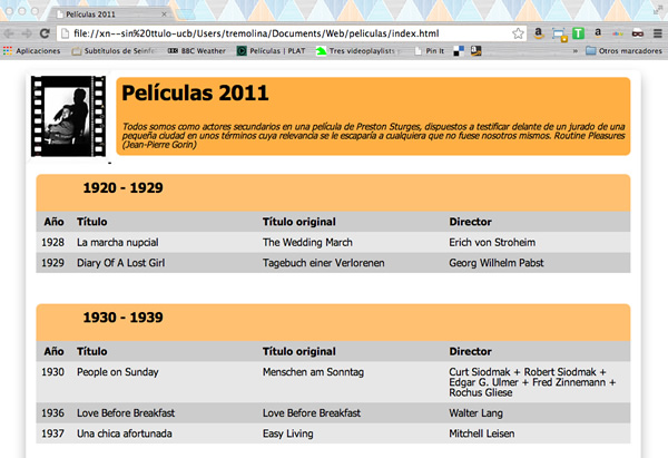 captura de pantalla de la web de las películas que vi en 2011